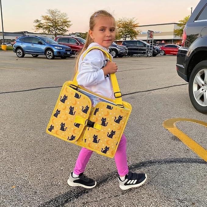 Kids Travel Tray for Toddler Car Seat, Toddler Gift for Boy | Road Trip Essentials Accessories Lap Tray, 16.5 x 13 inch, iPad Holder Stand, Storage Pockets, Snack Compartment, Yellow