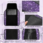 Bling Diamond Leather Steering Wheel Cover 14.5in-15in Floor Mats Shining Rhinestone Carpet Sparkly Glitter Crystal Anti-Slip Pad Fit Automotive SUV Pickup Truck Girl Women, 5pcs Black Purple