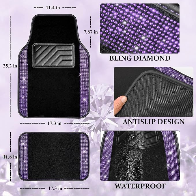 Bling Diamond Leather Steering Wheel Cover 14.5in-15in Floor Mats Shining Rhinestone Carpet Sparkly Glitter Crystal Anti-Slip Pad Fit Automotive SUV Pickup Truck Girl Women, 5pcs Black Purple