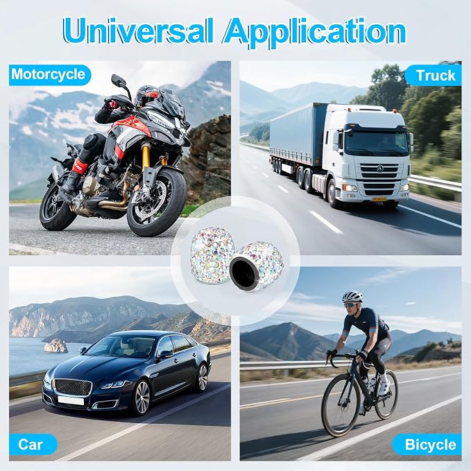 4 Pack Handmade Crystal Rhinestone Tire Valve Stem Caps, Universal for Cars, Trucks and Motorcycles - AB Color