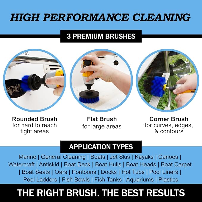 Boat Accessories – Kayak Cleaning Kit – Boat Cleaning Brush Kit – Marine Scrub Brush Attachment for Drill – Rotary Brushes for Boats – Motorized Hull Power Scrubber Set - Hull Cleaner Set