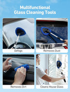 Car Windshield Cleaner Tool, Window Cleaning Kit with 39in Car Mirror Squeegee, 4 Reusable Microfiber Pads and Extendable Handle, Blue