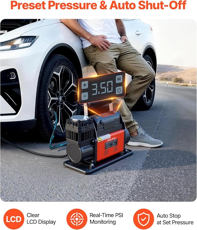 12V Heavy Duty Air Compressor, Auto-Stop Portable Tire Inflator with LCD Digital Display, 7.14 CFM 150PSI Offroad Air Pump with Adapters for Trucks Car SUV 4 x 4 Vehicle RV