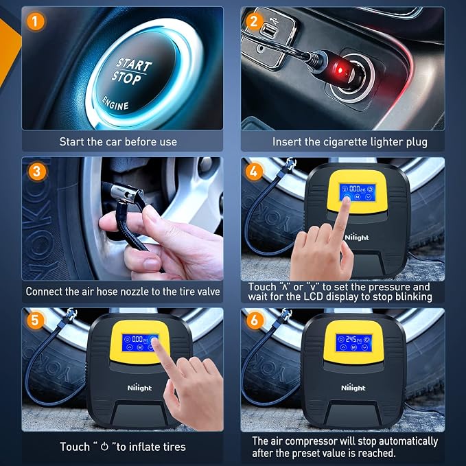 Tire Inflator Air Compressor Portable Pump for 12V DC Car Tires with Digital Pressure Gauge 150PSI Auto LED Light Cars ATVs Bicycles