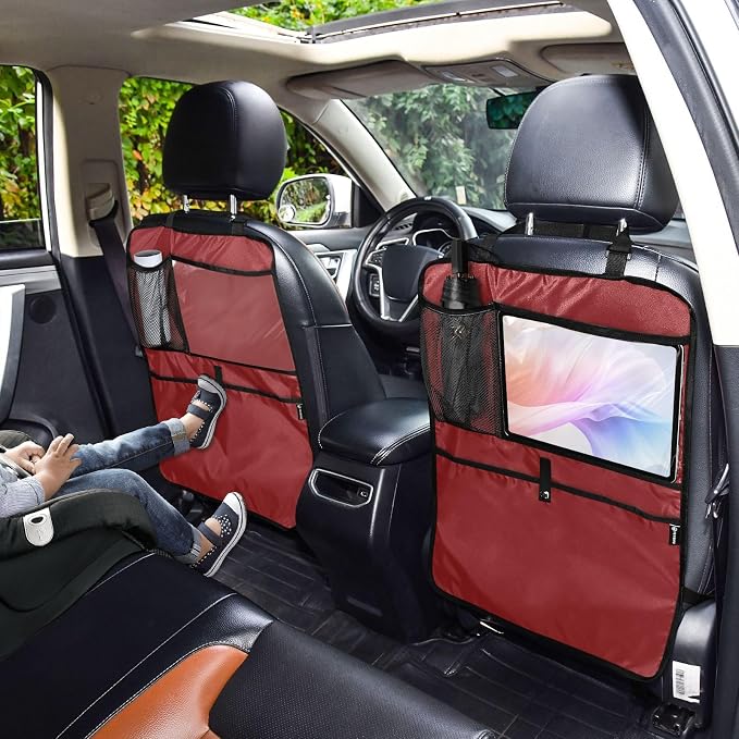 Wine Red Car Seat Organizer for Kids Backseat Kick Mat with Adjustable Strap Seat Back Protectors for Vehicle SUV Car 1 Pcs