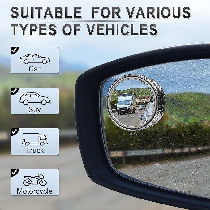 Blind Spot Mirror, 2'' Round HD Glass Frameless Convex, 2Pack Side Mirror Blind Spot, Rear View Mirrors Exterior Accessories with Wide Angle Adjustable Stick for Car SUV and Trucks, Silver