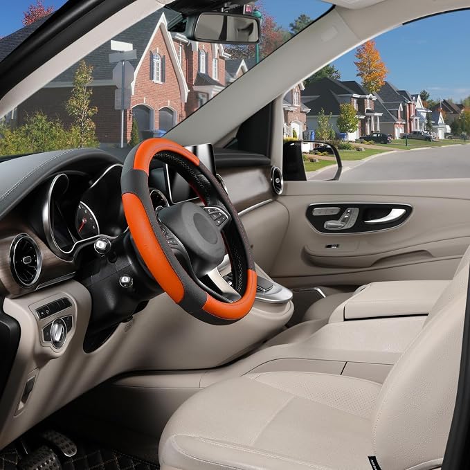 Steering Wheel Cover for Car, Standard Size 14.5-15 inch, Auto Interior Accessories, Black and Orange