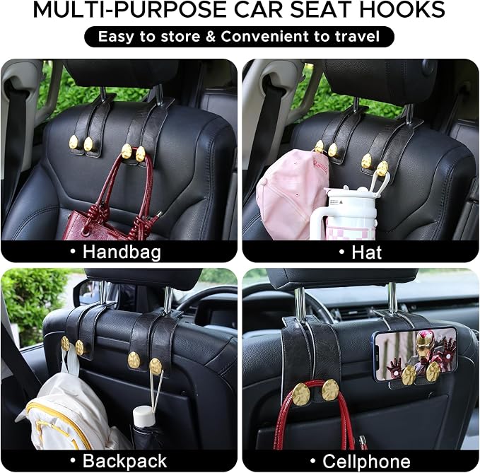 4 PCS Leather Car Seat Hooks for Headrest, Vehicle Hanger Storage Organizer Universal for Handbag Purse, Car Accessories Gift (Black-Gold-4 PCS)