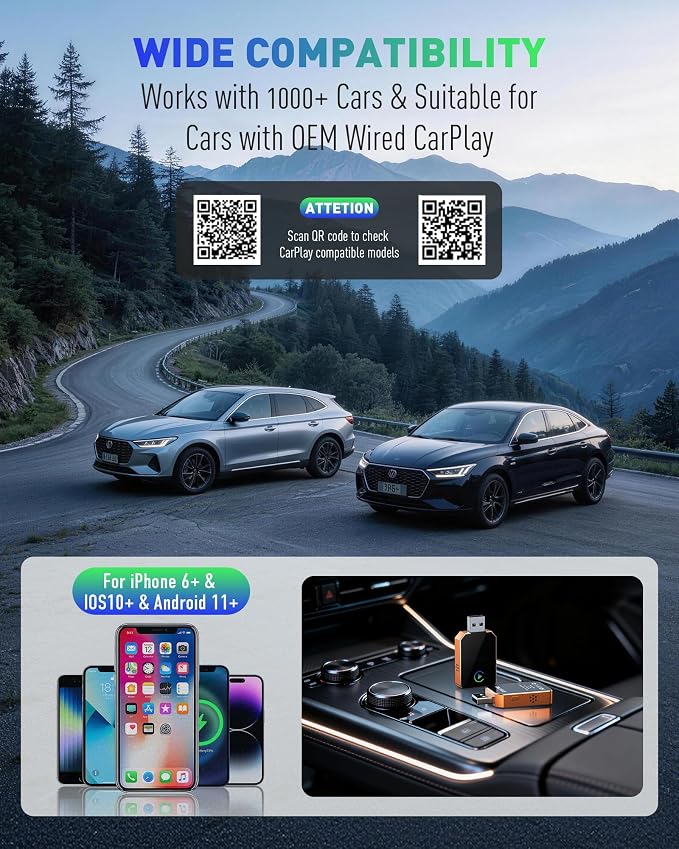 Wireless CarPlay for iPhone, 2026 Upgraded 2-in-1 Android Auto CarPlay Wireless, Convert Wired to Wireless, Fast & Stable, Plug & Play, Compatible with Factory Wired CarPlay Car 2016+