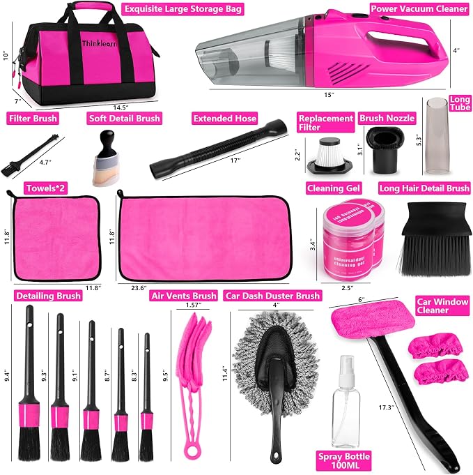 Car Cleaning Kit, Car Corded Vacuum Detailing Kit Interior with High Power Handheld Vacuum, Including 7Pcs Detailing Brush Set, Windshield Cleaner, Pink Car Accessories for Women