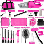 Car Cleaning Kit, Car Corded Vacuum Detailing Kit Interior with High Power Handheld Vacuum, Including 7Pcs Detailing Brush Set, Windshield Cleaner, Pink Car Accessories for Women