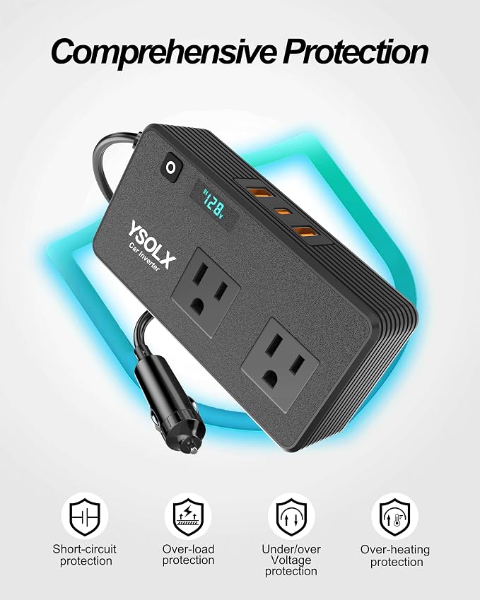 300W Car Inverter Power Outlet Dual AC Car Plug Adapter Outlet | For camping & road trips, 24W USB C/A charge for devices, LED shows real-time voltage & battery status