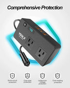 300W Car Inverter Power Outlet Dual AC Car Plug Adapter Outlet | For camping & road trips, 24W USB C/A charge for devices, LED shows real-time voltage & battery status