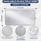 Car Front Windshield Sun Shade for Car | SUV Accessories for Maximum Sun and Heat Protection | UV-Blocking Windshield Dash Cover & Sun Visor for Cooler Interior | Large (64 x 34 Inches)