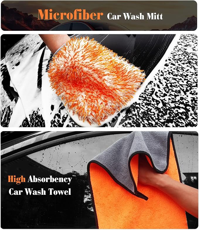 7PCS Motorcycle Cleaning Kit with 2-Size Bendable Wheel Brushes-Hard Reach Brush,Tire and Chain Brush, Boar Hair Detailing Brush, Wash Mitt & Microfiber Towel for Dirt Bike & Car Wheels