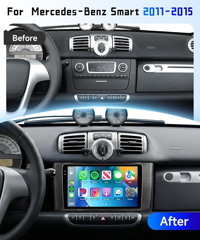 4G+64G Car Radio Stereo for Mercedes Benz Smart Fortwo 2011-2015, 9" HD in-Cell Touch Screen/Android 15/Wireless CarPlay/Android Auto/GPS/WiFi/5.0Bluetooth/FM/RDS/SWC/AHD Backup Camera