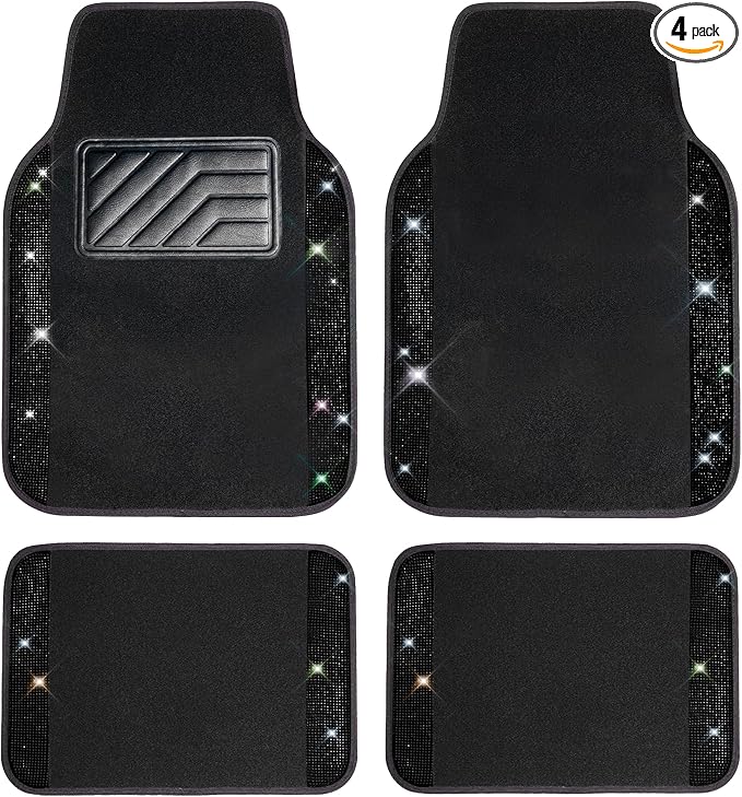 Bling Diamond Car Floor Mats, Sparkling Crystal Shining Glitter Rhinestone Carpet, Anti-Slip PVC Heel Pad Waterproof Universal for Automotive SUV,Sedan,Van,4pcs Girl Women Men Black Diamond