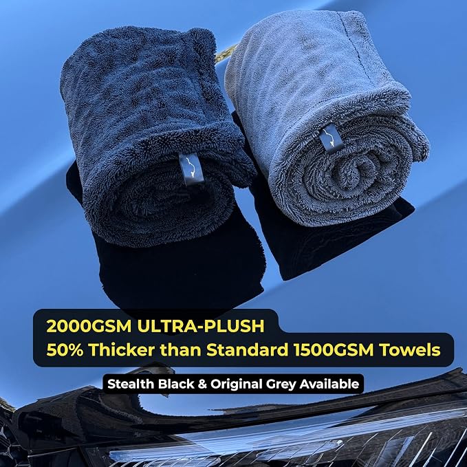 Sleek Max Dry 2000GSM Car Drying Towel 20x31, Grey | Ultra-plush twist-loop microfiber, maximum absorption, soft on paint, double-sided, cars, trucks, SUVs & full-vehicle drying