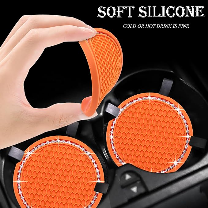 4PCS Bling Cup Holder Coaster, 2.75 Inch Auto Car Cup Holder Insert Coasters, Soft Silicone Anti-Slip Shockproof, Universal Vehicle Interior Accessories for Women Girls (Orange & White)