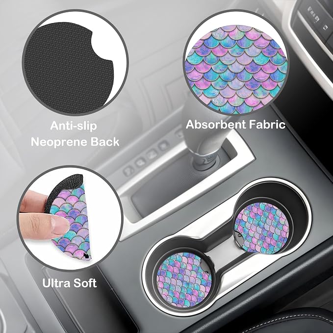 Mermaid Scales Steering Wheel Cover with 2 Pcs Car Coasters Neoprene Steering Wheel Cover for Women Men Anti-Slip Breathable Car Accessories Universal 15 Inch Fit Auto Cars Trucks