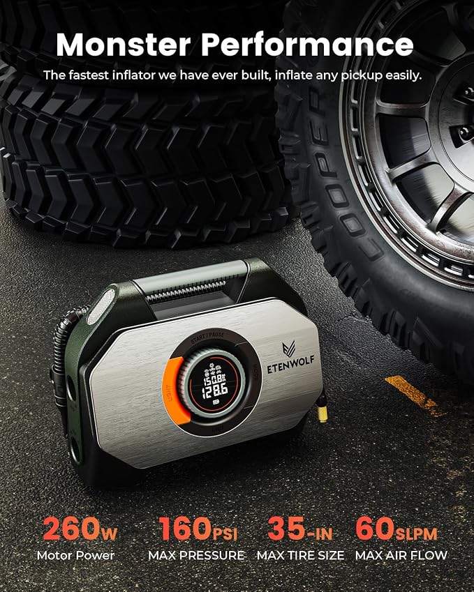 Vortex S7 Tire Inflator for Heavy-Duty Vehicle, Portable Air Compressor for Car Tires with 160PSI & 38400 mAh Battery, Cordless Air Pump with 100% Duty Cycle & Dual Cylinder (Olive Green)