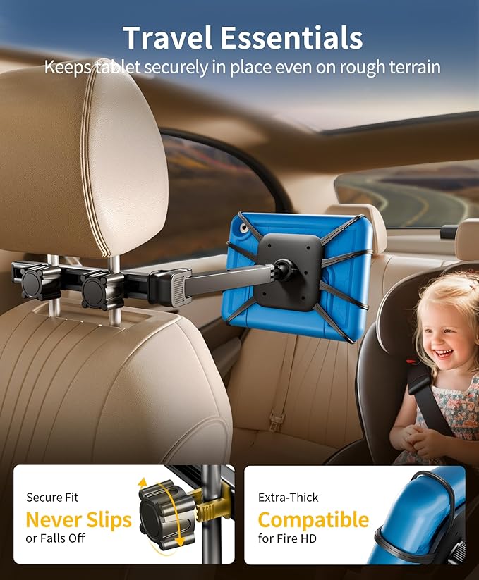 Tablet Holder for Car - [3 in 1 Adjustable Extension Arm] Upgraded iPad Holder for car Backseat with Holding Net, Road Trip Essentials for Kids, for 4.7-13" iPad Pro, Air, Mini, Fire HD, Phone