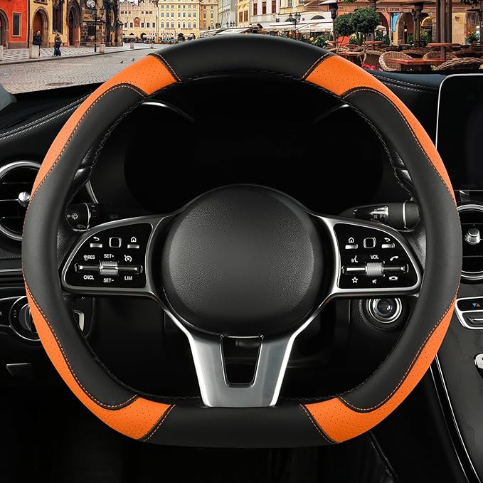 Black Orange Microfiber Leather D Shaped Steering Wheel Cover | Breathable Anti Slip Grip Cool Sporty Look Glow for Women Men