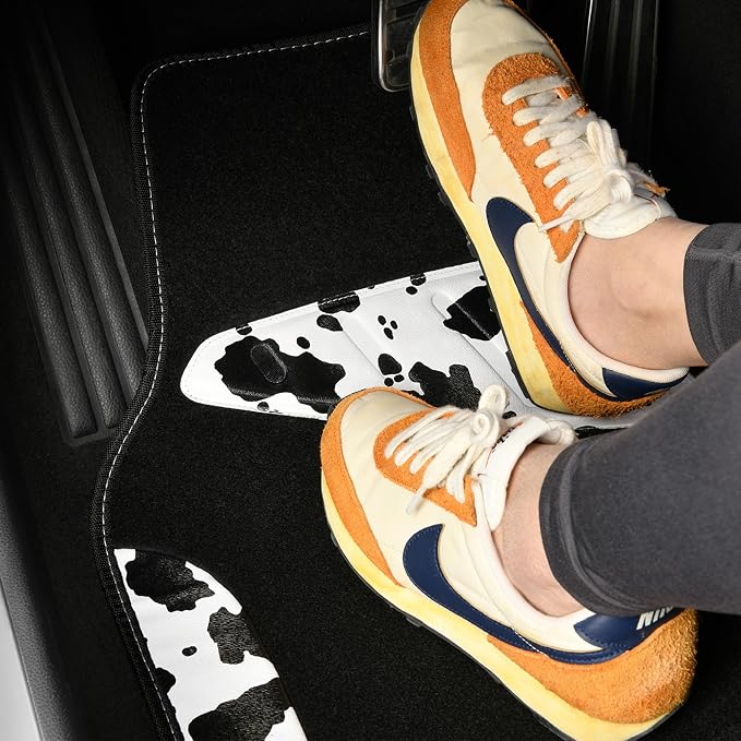 Waterproof Universal 3Pcs Car Floor Mats, Cow Print Car Mats Fit for SUV,Vans,sedans, Trucks,Set of Vehicles Car Carpet with Driver Heel Pad and Nibs Backing, Cute Women Girly (Black White)