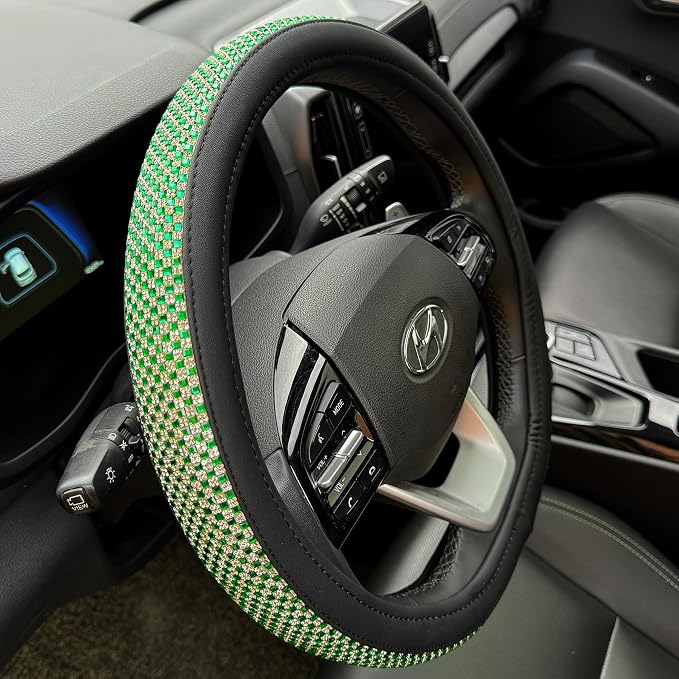 D Shaped Bling Comfy Steering Wheel Cover with Jumbo Crystal Rhinestones, Anti-Slip Diamond Leather, Flat Bottom 14.5-15 Inch (Vivid Green)