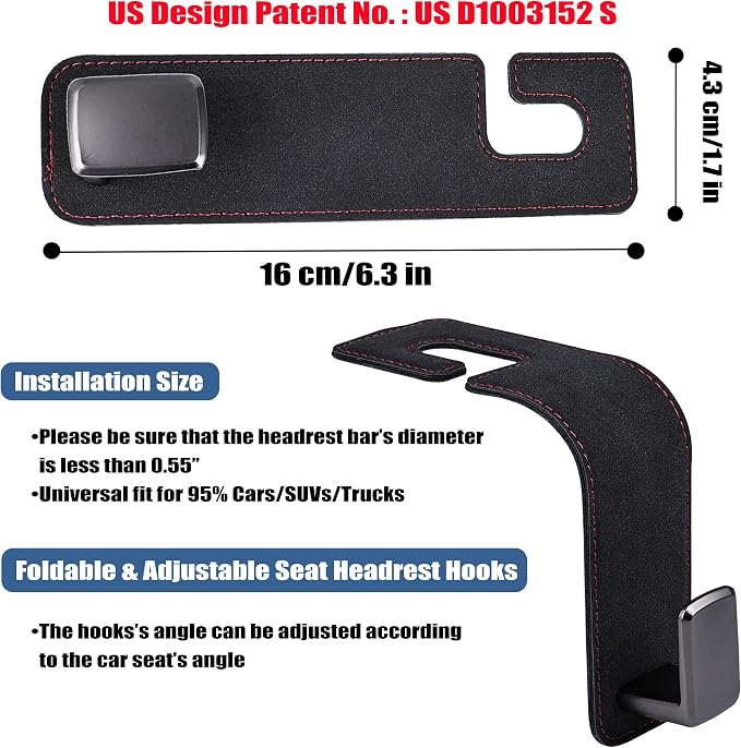 Car Seat Back Hook Universal Auto Storage Hanger Suede with Metal Car Seat Organizer for Handbag Purse Coat Umbrellas Grocery Bags 2 Pack Black