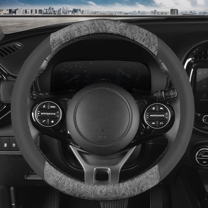 BurlwoodLux Wood Grain and PU Leather Gray Steering Wheel Cover - Sport Grip for Car Auto SUV Trucks