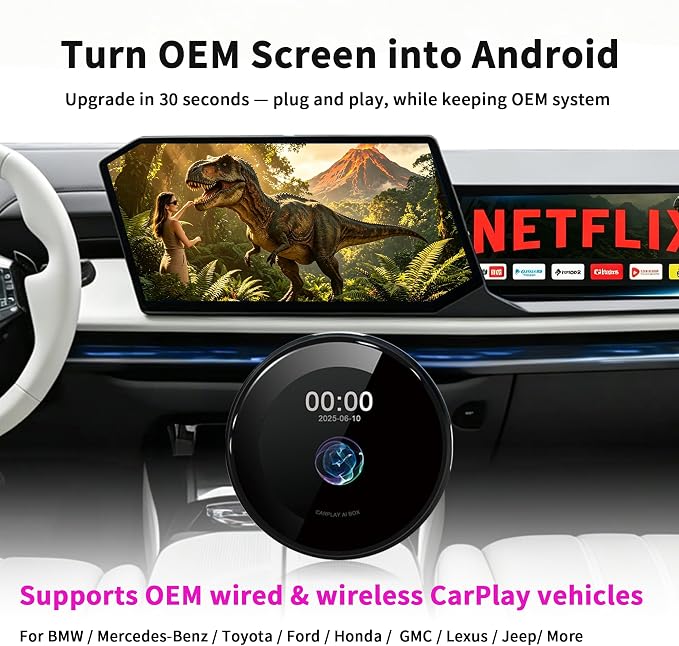 3.2 Inch Screen CarPlay AI Box, Wireless Adapter for Factory Wired or Wireless CarPlay Cars, Magic Streaming Video Box with Netflix YouTube TikTok, Android Auto, TF Card, Plug and Play
