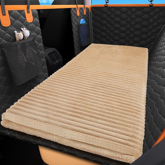Backseat Pet Bed Mat, Non-Slip Dog Bed for Car Back Seat, Washable Travel Pet Mat with Removable Cover, Dog Seat Covers Protector Fit for Backseat Extenders and Trucks SUVs, 54"x 24.8", Brown