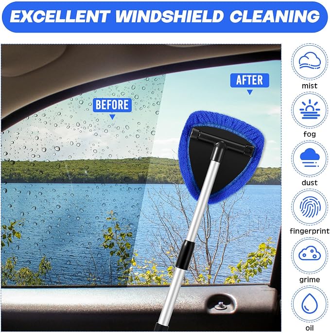 10 Pcs Windshield Cleaner Tool Car Window Cleaning Supplies with Extendable Handle Include 6 Washable Microfiber Bonnets 2 Empty 60ml Spray Bottle Glass Wiper Kit(Royal Blue)