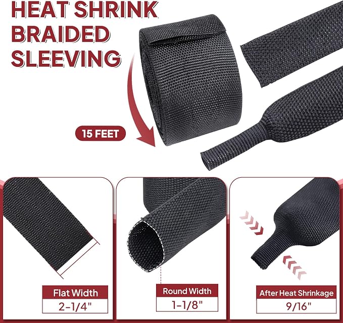 Heat Shrink Braided Sleeving, 2:1 Ratio Shrinkable Fabric Tubing Sleeve Abrasion Protection Cable Wire Sheath (1-1/8"-15ft)