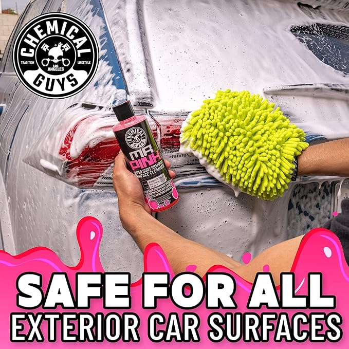 Mr. Pink Car Wash Soap & Chenille Wash Mitt Kit - 16 oz High Foaming Auto Shampoo with Plush Microfiber Mitt - Safe for Cars, Trucks, Motorcycles, and RVs - Scratch-Free Cleaning Combo