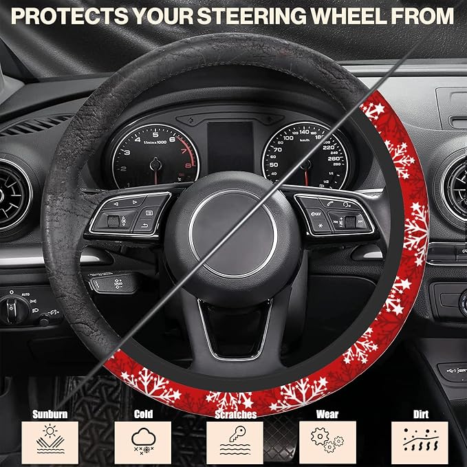 Christmas Snowflakes Steering Wheel Covers Universal 15 Inch Car Wheel Cover,Anti-Slip Breathable Car Accessories Protector Fit for Trucks,Sedans,SUVs,Vans