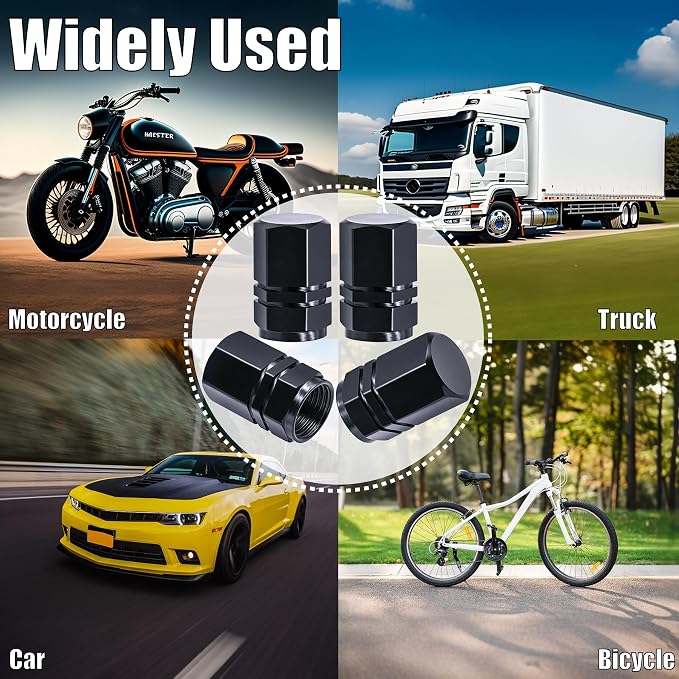 4PCS Tire Valve Stem Caps, with Rubber O-Ring, Corrosion Resistant Leak-Proof, Aluminum Alloy Universal Wheel Valve Covers for Cars, SUV, Trucks, Bikes, Motorcycles, Bicycles(Black)