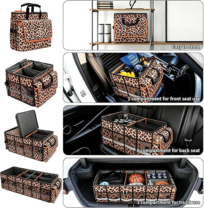 Car Trunk Organizer and Storage with Lid & Removable Cooler Bag, Car Accessories 6 Removable Dividers for Custom Space, Collapsible Trunk Organizers Interior for SUV & Sedan, Large