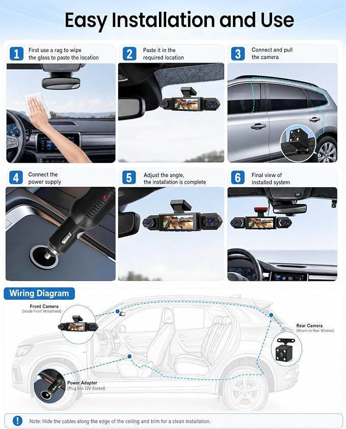 4 Channel 360° Dash Cam, 1080P FHD Front and Rear Camera for Cars, 8 Non-Glare Night Vision Lights, Loop Recording, Reverse Assistance, 3.16" IPS Screen, Interior Monitoring