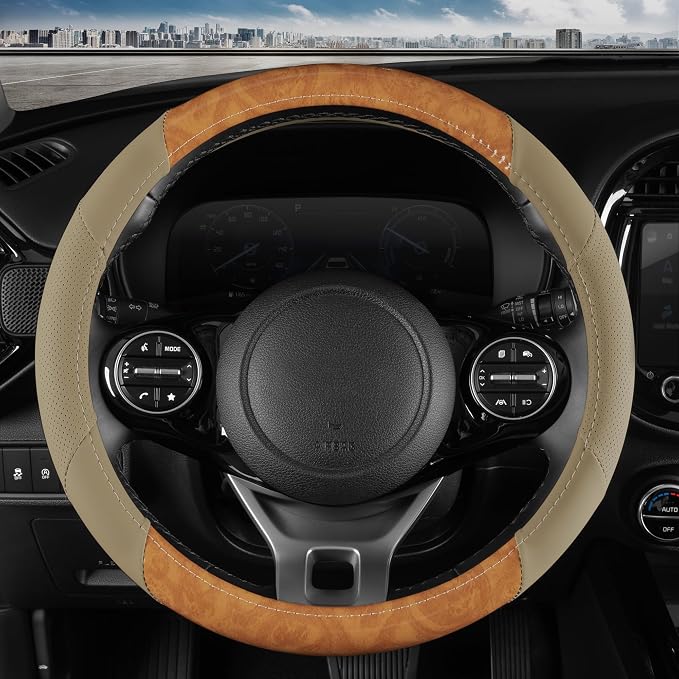 BurlwoodLux Wood Grain and PU Leather Beige Steering Wheel Cover - Sport Grip for Car Auto SUV Trucks