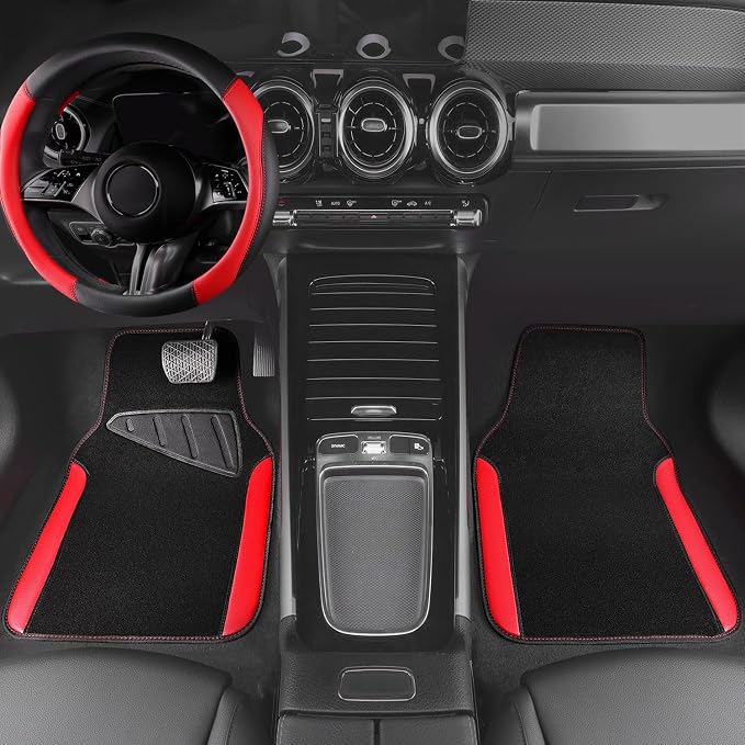Faux Leather Steering Wheel Cover and Waterproof Car Floor Mats,Universal Car Combo Fit for 95% Sedan,SUV,Cars,14.5-15inch Sporty Anti-Slip Safety Comfortable Design(Black＆Red)