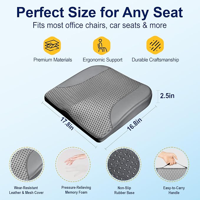 Car Seat Cushion – Memory Foam Pad for Driving Comfort – Boosts Height and Relieves Coccyx & Lower Back Pain – Car, Truck, Office Chair (Leather & 4D Mesh Gray)