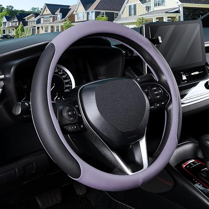 Steering Wheel Cover for 14.5-15 inch Wheels, Breathable PU Leather with Perforated Sides, Anti-Slip Grip, Universal Fit for Cars & SUVs, Black and Light Purple