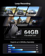 Dash Cam Front and Rear, 4K+2K Recording Dash Camera for Cars, Night Vision with WDR, 170° Wide Angle, 5.8G/2.4G Dual Wi-Fi, 64GB Card, Built-in GPS, G-Sensor Emergency Lock, 24H Parking Monitor