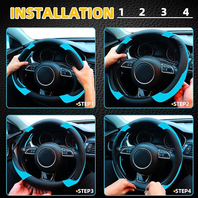 Blue Steering Wheel Cover Microfiber Leather Sporty Car Accessories for Men and Women,Breathable Non-Slip Universal Fit 14 1/2-15 Inch(Black and Blue)