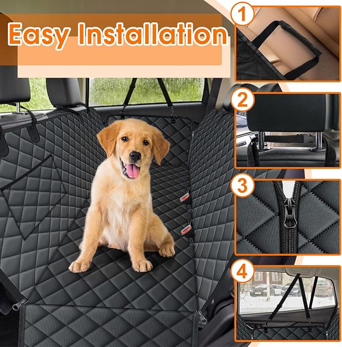 Waterproof Dog Car Seat Cover for Back Seat, Pet Hammock- L, Black | Durable waterproof hammock with nonslip design & storage pockets. Protects seats from scratches, fits cars, SUVs & trucks.