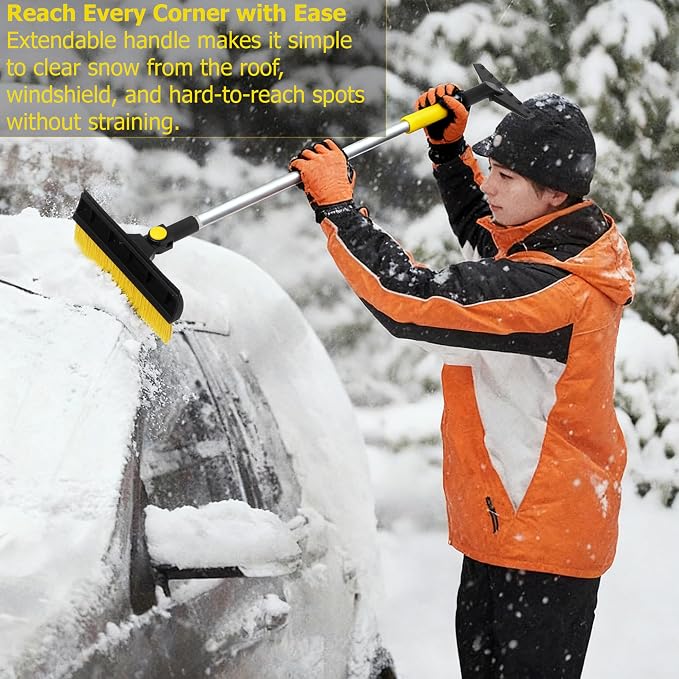 30-43" Extendable Aluminum Snow Brush with Built-in Squeegee & Ice Scraper 3-in-1 Non-Slip Foam Grip Winter Car Tool with Scratch-Free Bristles for Cars, SUVs & Trucks, Yellow