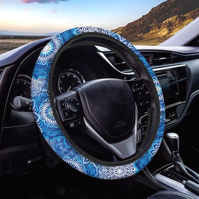 Elastic Steering Wheel Cover Non-Slip Protection for Women Men | Comfort Anti-slip Safety Stretch-on 14-15 inch, Blue Boho Flower Easy Fix Machine Washable Steering Wheel Protection