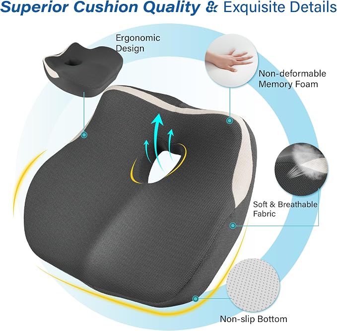 Car Seat Cushion for Driving, Car Seat Pillow for Short Drivers | Ergonomic Memory Foam Seat Cushion for Pain Relief, Adult Booster Seat for Car, Butt Cushion for Car, Truck, Office Dark Gray